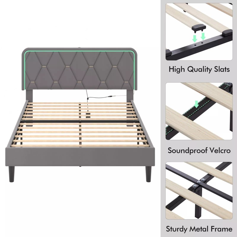 Vecelo Bed Frame with LED Light USB Ports Queen Full