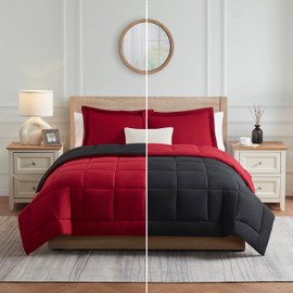 Nestl 3 Piece Quilted Down Alternative Comforter with 2 Pillow Shams, All Season Red/Black Duvet Inserts, Queen Size with Corner Tabs