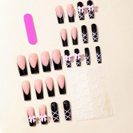 Kamize Square Black Press on Nails Bow Long Fake Acrylic Nails Full Cover False Nails for Women and Girls 24PCS