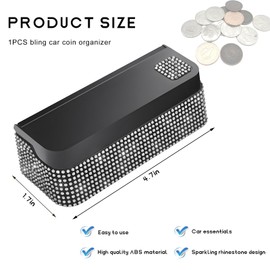 ZNDAW Bling Coin Holder for Car, Rhinestone Crystal Car Coin Change Organizer with 4 Compartment, Sparkly Coin Storage Case Money Dispenser Universal for Most Vehicles Home Office (White)