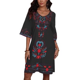 Grosy Women’s Embroidered Mexican Fiesta Dress Plus Size Traditional Floral Boho Dresses for Women Peasant Hippie Outfit