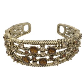 Gypsy Jewels Rhinestone Gem Memory Wire Cuff Vintage look Bangle Cuff Bracelet (Brown Gold Tone)