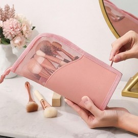 CHENGZI Stand-Up Makeup Brush Storage Organizer Bag, Waterproof Dust Free Travel Makeup Brush Holder (Pink)