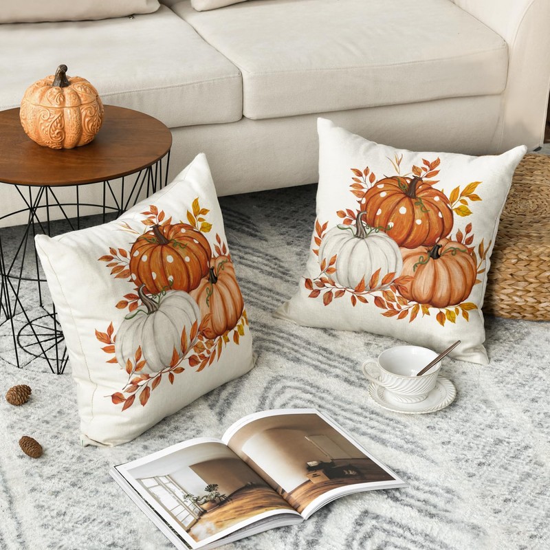 Artoid Mode Orange Pumpkins Maple Leaves Autumn Cushion Cover Set
