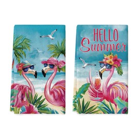 Artoid Mode Flamingo Seagull Palm Hello Summer Kitchen Towels Dish Towels, 18x26 Inch Farmhouse Summer Seasonal Decoration Hand Towels Set of 2