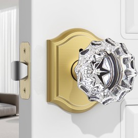 MAXECURITY 1 Pack Glass Door Knob, Rosette Shaped Crystal Door Knobs with Lock, Satin Brass Door Knobs Interior Glass