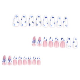 French Press on Nails Almond Medium Fake Nails with Pearl Designs Summer Glue on Nails Blueberries Bow Pattern Design White Acrylic False Nails Kit Full Cover Reusable Stick on Nails for Women 24PCS