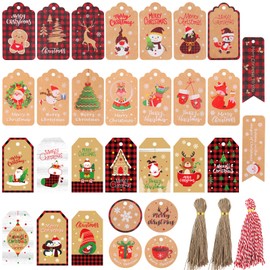 Simpeak 150Pcs Gift Tags Christmas, Kraft Gift Tags with String, Christmas Trees Reindeer Snowman Gingerbread Man Design Gift Tags for Christmas DIY Gift Wrapping Decorations
