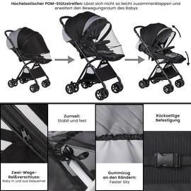 bemece Universal Mückennetz für Kinderwagen mit Sonnensegel, Insektenschutz Moskitonetz für Buggy mit Doppelten Reißverschluss Aufbewahrungstasche, Faltbar & Verstellbar (Schwarz)