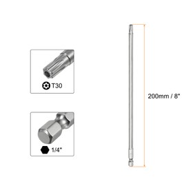 sourcing map 1pcs T30 Security Torx Bit 1/4" Hex Shank 8" Long S2 Steel Magnetic Tamper Resistant Star Bits Screwdriver Torx Head with Hole for Driver Drill Bits Remove Fastening Screws