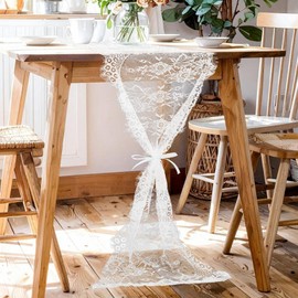 XLIUAX White Lace Table Runner, 14 x 118 Inch Vintage Lace Table Cloth, Embroidered Boho Tables Runner for Rustic Wedding Tables Decorations, Bridal Shower, Baby Shower Party(White)