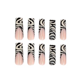 SINHOT Long Press on Nails Square Fake Nails Black Swirl Acrylic Nails Glossy Glue on Nails White Squoval Artificial Nails Stick on False Nails with Design 24 pcs