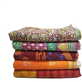 Marubhumi Indian Quilt Vintage Bedspreads,Throws,Ralli, Lot Kantha Reversible Bedcover Bedspread Throw Cotton Blanket Gudari -Single Pieces, Twin Assorted Color