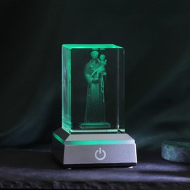 KOMI 3D Crystal Saint Anthony Figurine Statue with LED Light Base, Laser Engraved Jesus Crucifix Statues Religious Gifts for Women Men, Night Light for Bedroom, Christian Gifts