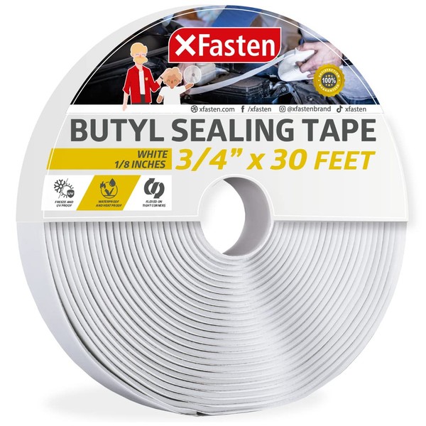 XFasten Butyl Sealing Tape, White, 1/8-In x 3/4-In x 30-Foot Plumbers Putty Tape, RV Sealant Tape, Butyl Rubber for Boat Sealing, EDPM Butyl Tape RV