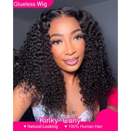 Vshow Kinky Curly Glueless Wigs Human Hair Pre Plucked Put Cut Glueless Curly Lace Front Wigs Human Hair Upgraded No Glue Wear Go Lace Closure Wigs Human Hair Pre Plucked with Baby Hair 24Inch
