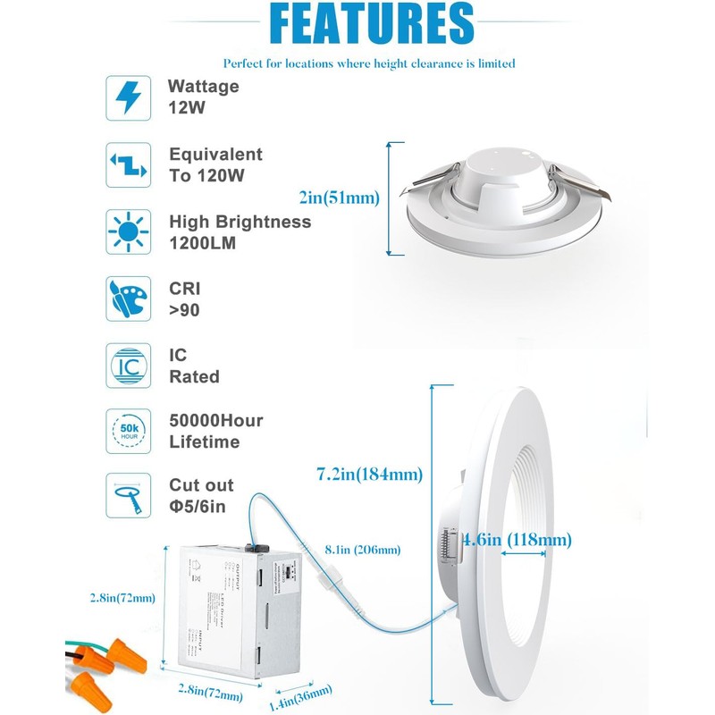 Lightdot 6 Inch LED Recessed with Night Light 1200LM 12W
