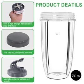 Blender 32OZ Cup Replacement Compatible with NutriBullet 600w Pro 900w Machine NB-101S NB-201, Flip Top to-Go Lid, Seal Lid and Extractor Blade Blender Accessories Kit by Poweka, Grey (32OZ)