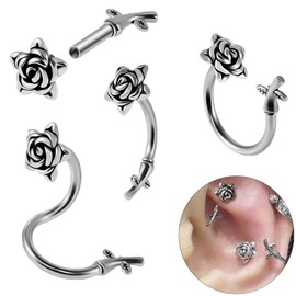 Niaspi Rose Flower Twist Helix Earrings Spiral Barbell Labret Lip Rings Stainless Steel Cartilage Conch Tragus Earrings Hypoallergenic Body Piercing Jewelry for Women 2Pcs