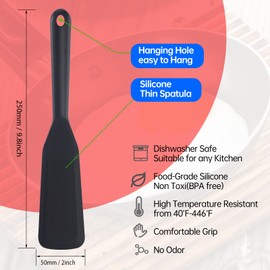 Paquete de 2 espátulas finas de silicona, espátula para tortillas, espátula de cocción resistente al calor, espátulas largas de crepé para utensilios de cocina antiadherentes, espátula para panqueques para cocinar huevos, pasteles, pizza, filetes, tortil