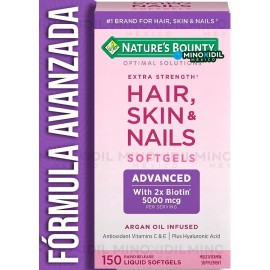 Nature's Bounty, Hair Skin Nails , Formula Avanzada Apoya El Cabello Hermoso, La Piel Brillante Y Las Uñas Saludables, Contiene Biotina, Antioxidantes Más Ácido Hialurónico Con Argan 150 Cápsulas