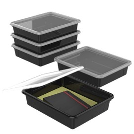Storex Letter Size Flat Storage Tray – Organizer Bin with Non-Snap Lid for Classroom, Office and Home, Black, 5-Pack (62535U05C)