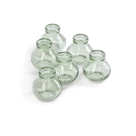 Serene Spaces Living Mini Green Glass Le Midi Bell Bud Vase, Centerpiece for Wedding Reception, Mini Flower Vases for Home Decor, Vintage Bottle Style Vase, Measures 2.75" Tall & 2.75" Diameter