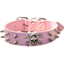 Spiked Leather Dog Collar, 2 Rows Bullet Rivets Studded PU Leather, Cool Skull Pet Collar for Medium and Large Dogs (M:15-18", Pink)