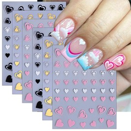 6 Sheets Heart Nail Art Stickers 3D Self-Adhesive Romantic Valentines Nail Stickers White Gold Black Pink Hearts Nail Decals Love Valentines Day Nail Supplies for Women Girls Manicure Nail Decoration