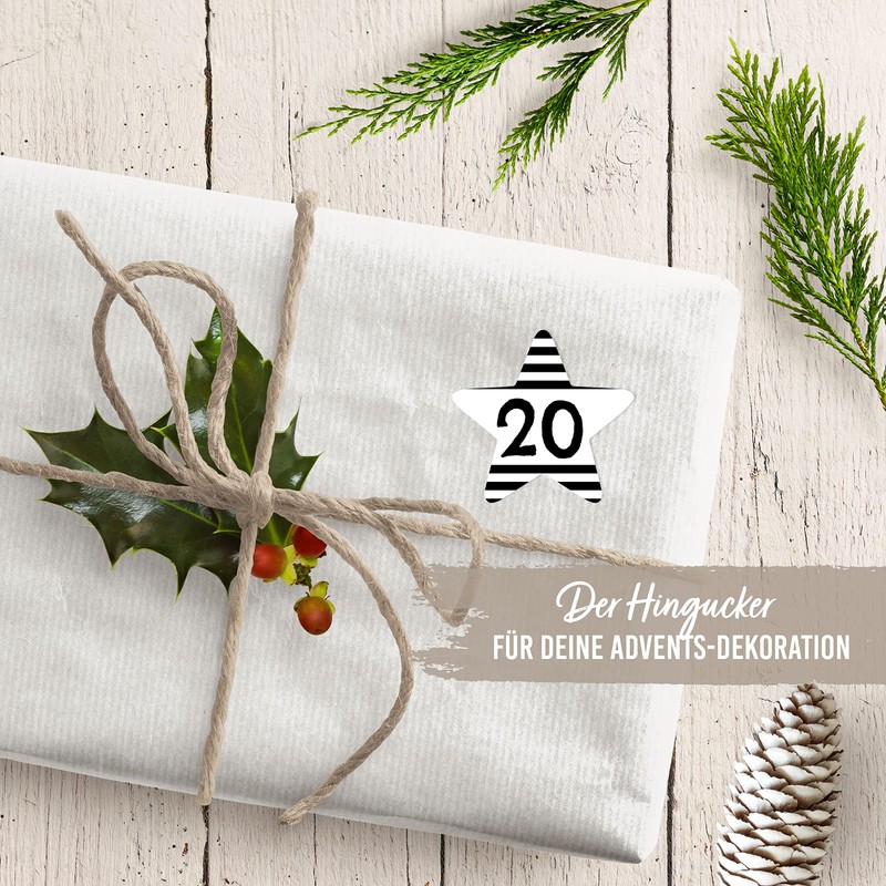 Papierdrachen 24 Advent calendar number stickers black and white stars