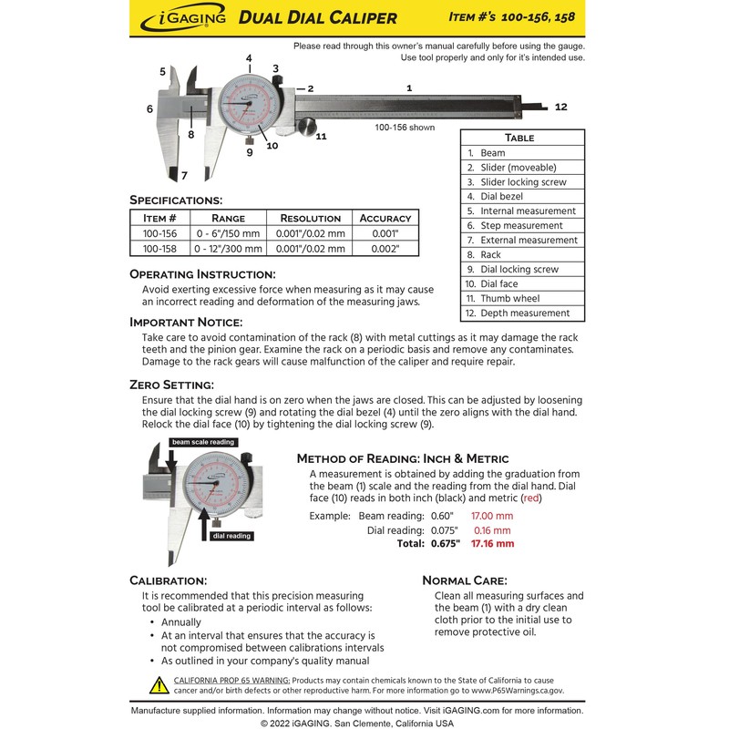 iGAGING 6-Inch 150 mm Dial Caliper, Dual Reading Scale, Metric