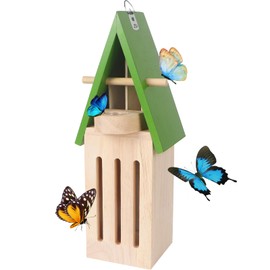 Butterfly House, Wildlife World Butterfly House with Feeder, Butterfly House Shelter Hotel Natural Wooden Butterfly House with Hooks for Hanging Gardens Outside