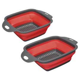 sourcing map Collapsible Colander Set, 2 Size Square Foldable Food Strainer with Handle Space Saving Design Suitable for Pasta, Vegetables, Fruits - Red