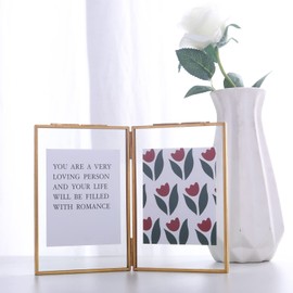 C&Z Double Folding 4x6 Brass Picture Frames Gold Vintage Style Glass Photo Frame Tabletop Memorial Picture Frame for Pressed Flowers Artwork Certificate Plants Specimen
