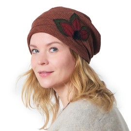 Ladies Hat Knitted with Flower Pom-Pom, Korean Fashion Beanie & Skully Cap for Women in a Vintage Lightweight Design Orange