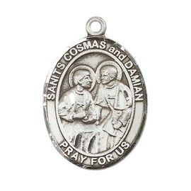 Saint St.s Cosmas & Damian Medal Necklace – Men's Pewter Pendant on 24 Inch Light Endless Rhodium Plated Chain – Catholic Patron Saint St.s of Surgeons & Barbers – Velvet Gift Box Included