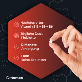 Vitamin B12 500 mcg High Dose, 360 Tablets for 1 Year with 375 mcg Vitamin B9 Folic Acid + Vitamin B6, Natural Dietary Supplement without Additives, Made in Germany