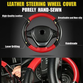 Echtes Leder Lenkradbezug, Lenkradbezug Zum Nähen, Lenkradbezug Leder Universal Passform 37-39 cm Autolenkräder, Zweifarbiger Lenkradbezug aus Leder (Schwarz Rot)
