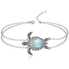Turtle Anklet Tree of Life Sea Turtle Ankle Bracelets for Women Sterling Silver Moonstone Anklets Beach Ocean Jewelry Christmas Gifts