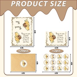 Guawubiang 40Pcs Winnie Thank You Cards with Kraft Envelopes, the Pooh Quotes Thanks Cards with Winnie Stickers, Baby Shower Appreciation Cards Set, Classic Winnie Baby Shower Party Favors(6 * 8in)
