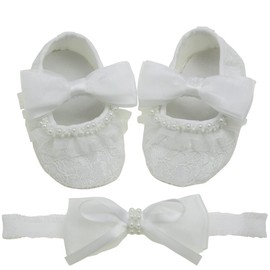 Nihao Baby Girl J-1-white Shoes and Headband Set Lace Mary-Jane-Flats 3-6 Months