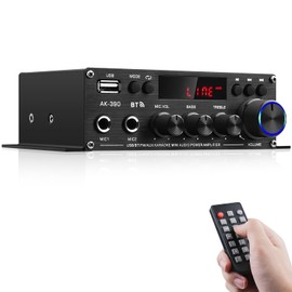 Stereo Audio Amplifier for Home, AK-390 Bluetooth5.0 HiFi Mini Audio Amp 2.0 Channel RMS 40W X 2 Audio Component Speakers Amplifiers with 12V/5A Adapter, FM Radio, (BT,USB, AUX, Mic) Input
