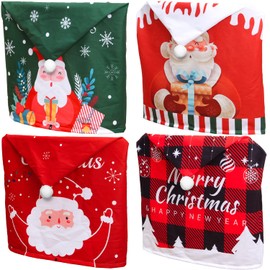 Haundry Christmas Chair Back Covers Dining Chair Slipcovers Set of 4 with 3D Santa Snow Plush Christmas Chair Seat Covers Protector for Xmas Kitchen Home Decor, 50 x 60 cm, Red + Green
