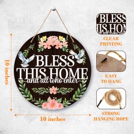 Welcome Door Sign, Bless This Home Front Door Decor, Christian Farmhouse Welcome Sign For Front Door Porch, Greenery And Floral Round Home Door Hanger Sign With Rope, Housewarming Gifts -23