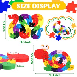 4 Pcs Alphabet Jigsaw Puzzle Wooden Snake Elephant Dinosaur Snail Blocks Toys ABC Alphabet Animal Puzzle for Preschool Learning