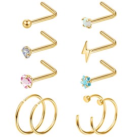 MJust 10Pcs 𝐓𝐢𝐭𝐚𝐧𝐢𝐮𝐦 𝐍𝐨𝐬𝐞 𝐑𝐢𝐧𝐠𝐬 𝐇𝐨𝐨𝐩𝐬 Hypoallgenic 𝐓𝐢𝐭𝐚𝐧𝐢𝐮𝐦 𝐋 𝐒𝐡𝐚𝐩𝐞𝐝 𝐍𝐨𝐬𝐞 𝐒𝐭𝐮𝐝 for Women CZ Star Heart Lightning 𝐍𝐨𝐬𝐞 𝐏𝐢𝐞𝐫𝐜𝐢𝐧𝐠 𝐒𝐭𝐮𝐝𝐬 20G Pure 𝐓𝐢𝐭𝐚𝐧𝐢𝐮𝐦 𝐍𝐨𝐬𝐞 𝐫𝐢𝐧𝐠 𝐟𝐨𝐫 𝐒𝐞𝐧𝐬𝐢𝐭𝐢𝐯𝐞 𝐒𝐤𝐢𝐧(Gold)