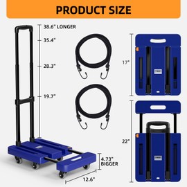 Folding Hand Trucks, Heavy Duty Dolly Cart with 6 Wheels & 2 Elastic Ropes, Foldable & Ideal for Luggage, Travel, Moving, Shopping, Office Use, Hold Up to 500 LB, Easy to Store, Navy Blue