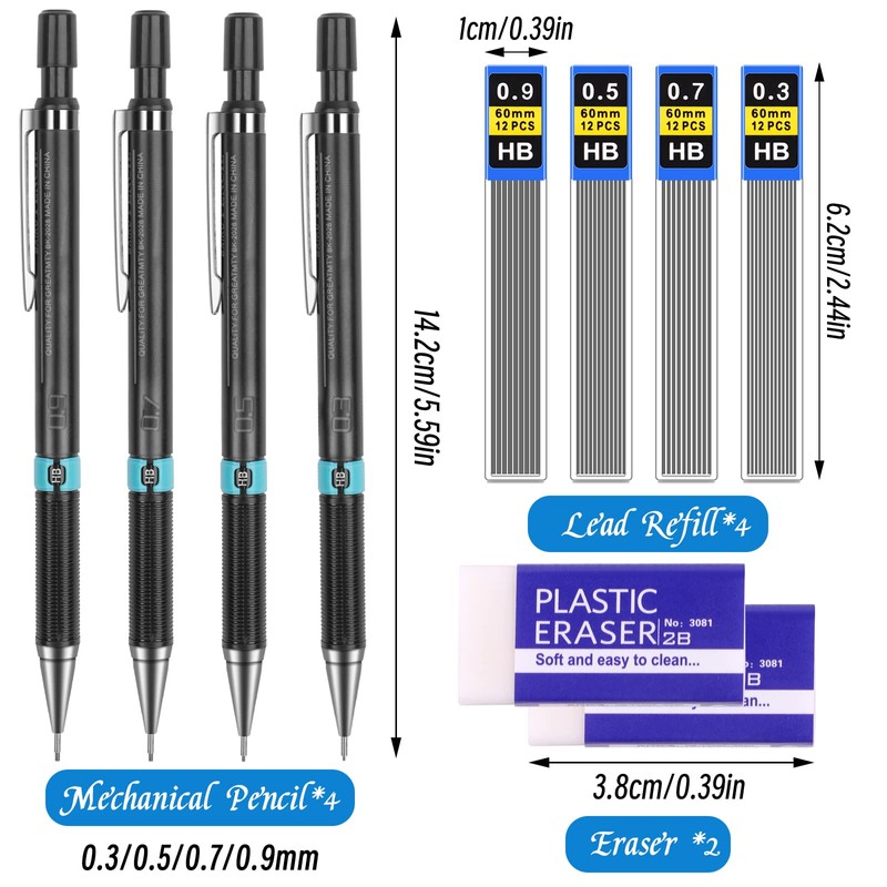 Tikplus 4Pcs Mechanical Pencil, 0.3, 0.5, 0.7, 0.9mm Retractable Pencil