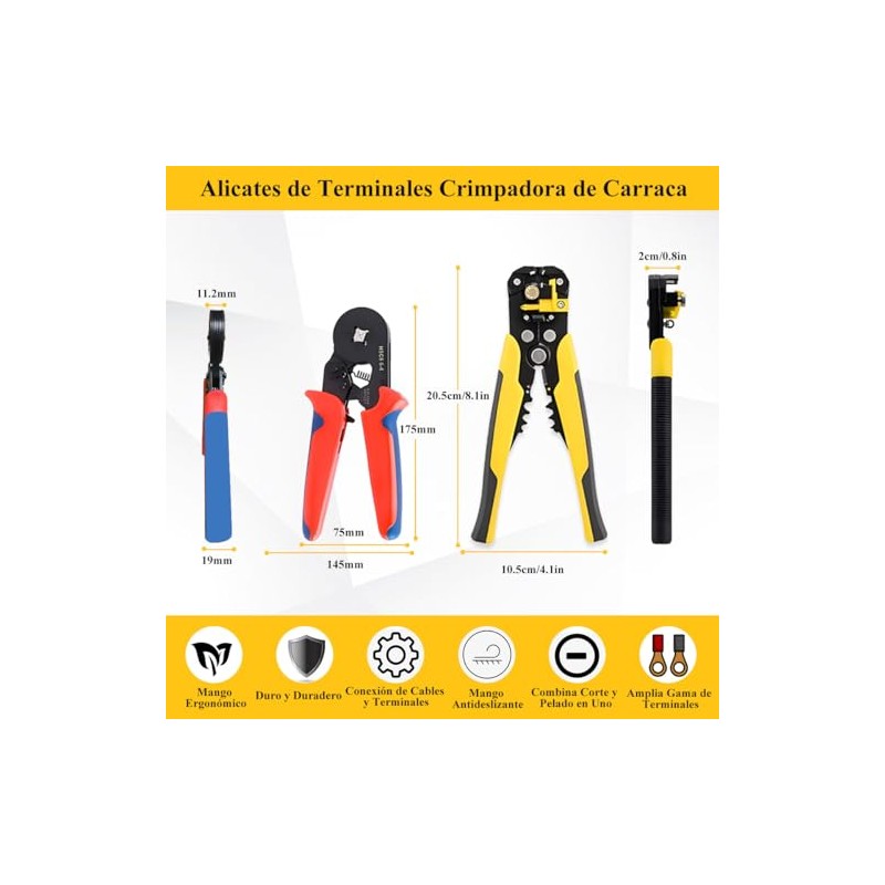 Crimpadora Terminal Cable Eléctrico 1200Pzs, Pinza Pelacable Alicates Alambre Engarzado,