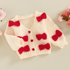 XIXIMAON Toddler Baby Girls Cute Knitted Cardigan Sweaters v Neck Button Down Long Sleeve Bow Deco Chunky Sweater Knitwear Fall Winter Warm Clothes (White, 2-3 Years)